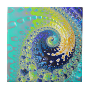 Aqua Cobalt und Yellow Spiral Fraktal Abstrakt Fliese
