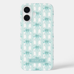 Aqua Coquette Bögen auf gestreiftem monogrammierte iPhone 16 Hülle