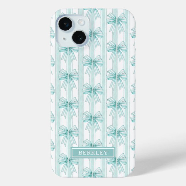Aqua Coquette Bögen auf gestreiften Monogrammen Case-Mate iPhone Hülle (Rückseite)