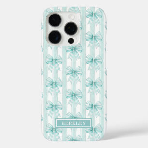 Aqua Coquette Bögen auf gestreiften Monogrammen iPhone 16 Pro Hülle