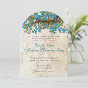 Aqua & Coral Cherry Blossom Tea Stain Invitations