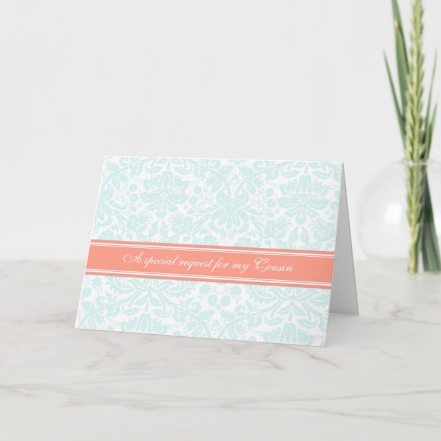 Aqua Coral Damask Cousin Bridesmaid Invitation (Devant)