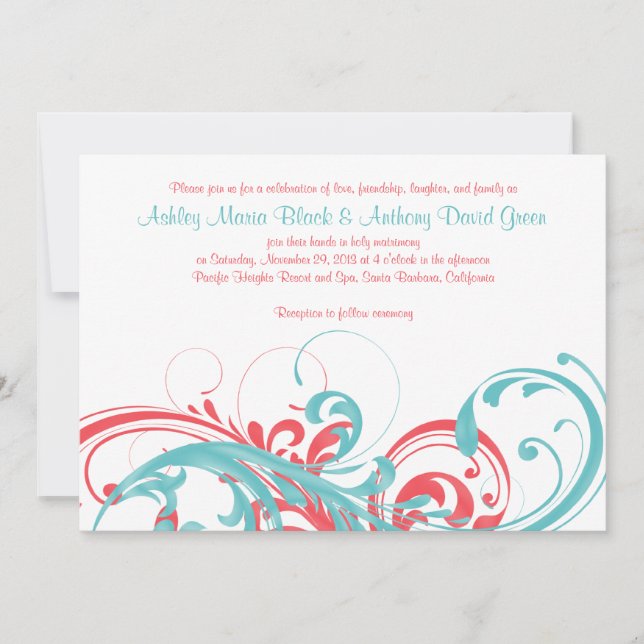 Aqua Coral Floral Destination Mariage Invitation (Devant)