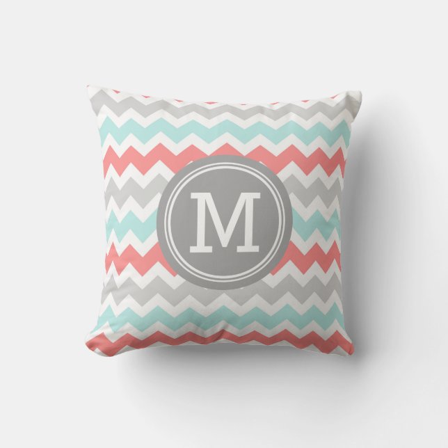 Aqua Coral Grey Chevron Monogramme Coussin décorat (Recto)