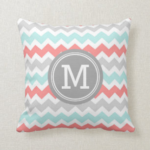 Aqua Coral Grey Chevron Monogramme Coussin décorat