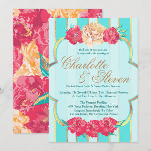 Aqua, Coral und Gold, Flora, Einladungen zu Hochze