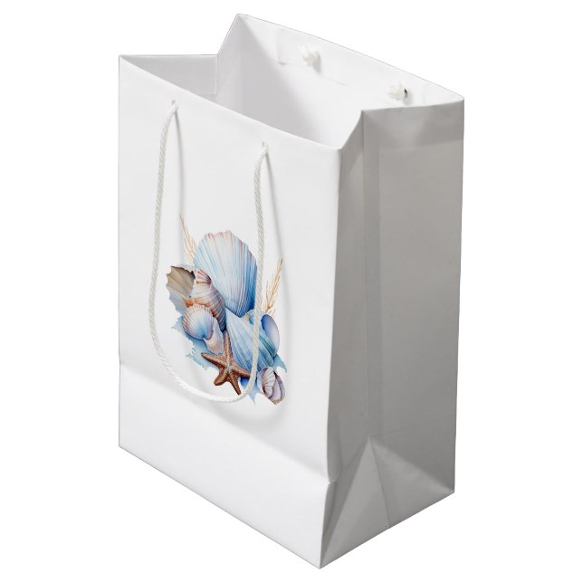 Aqua Cream Beach Muscheln Brautparty Mittlere Geschenktüte (Vorderseite Schrägansicht)