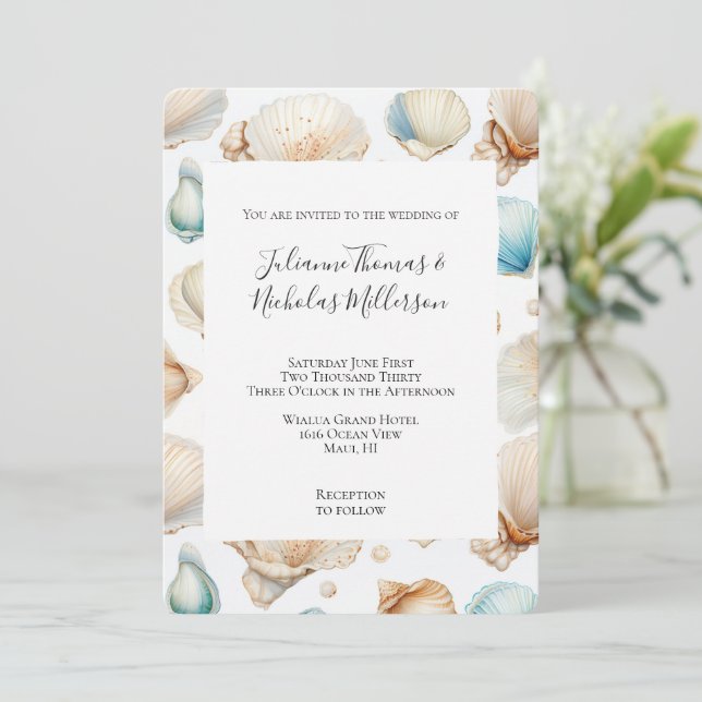 Aqua Cream Beach Muscheln Hochzeit Einladung (Stehend Vorderseite)