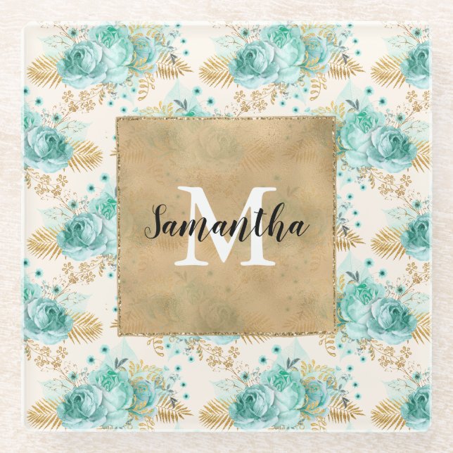 Aqua Cream Gold Floral Black Monogram Glasuntersetzer (Vorderseite)