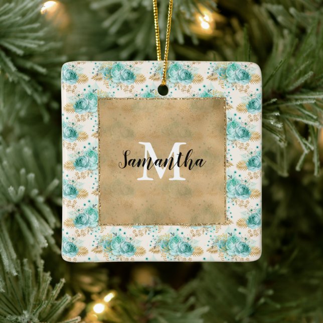 Aqua Cream Gold Floral Black Monogram       Keramikornament (Baum)