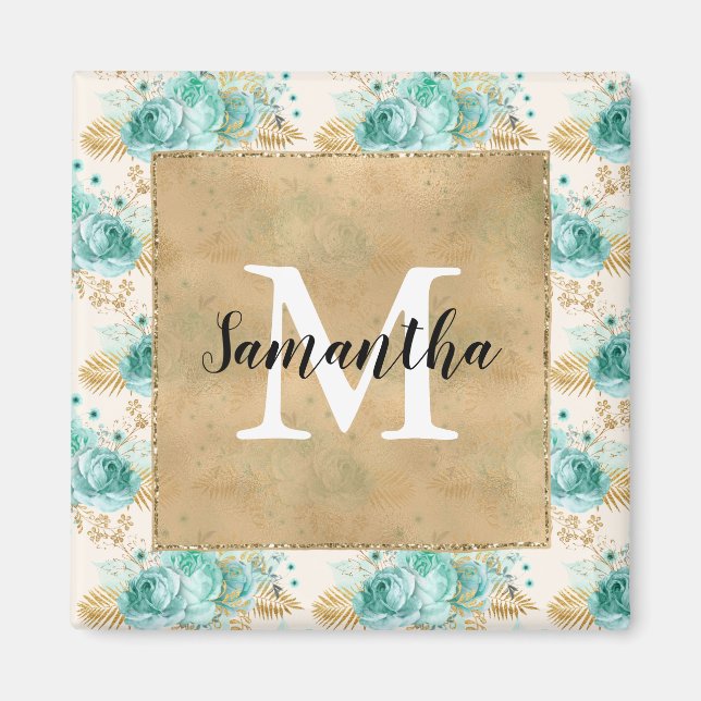 Aqua Cream Gold Floral Black Monogram Magnet (Vorne)