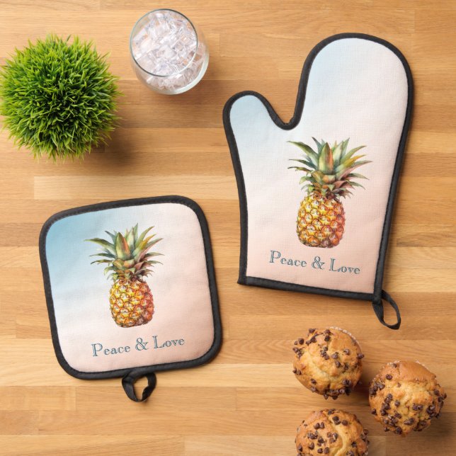 Aqua Cream Happy Tropical Pineapse Ofenhandschuh & Topflappen-Set (Oben Unten)