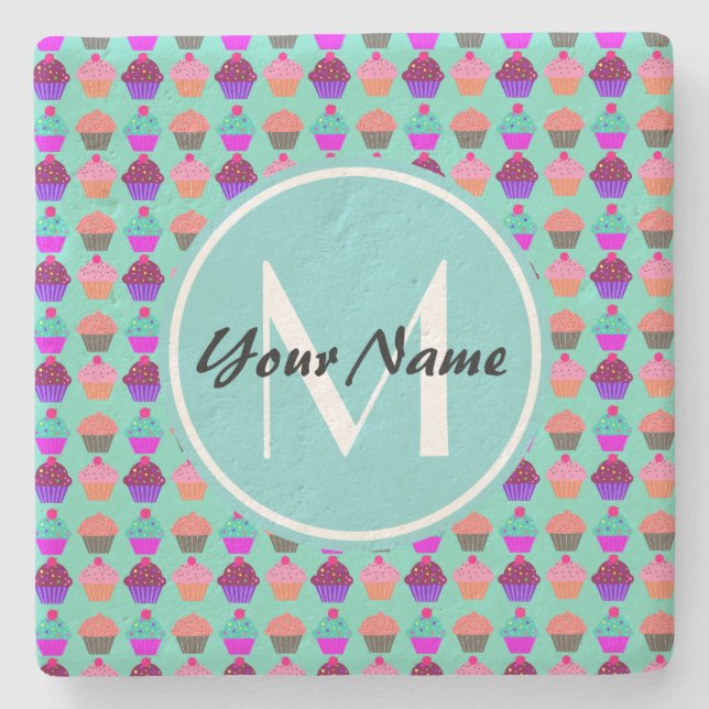 Aqua Cupcake Personalisiert Monogram Steinuntersetzer (Vorderseite)