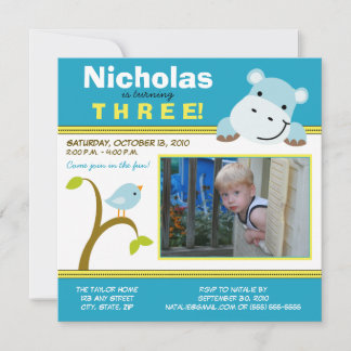 Aqua Custom Hippo & Birdie Geburtstagsparty Einlad Einladung