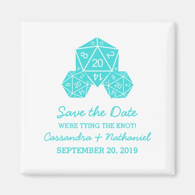 Aqua D20 Dice Save the Date Magnet (Vorne)