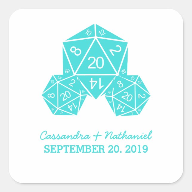 Aqua D20 Dice Wedding Stickers (Vorderseite)