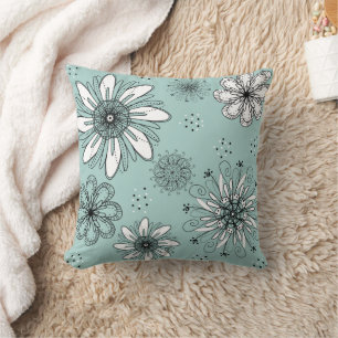 Aqua Daisy Blütenpen und Tintendrucke Kissen