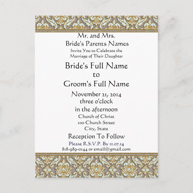 Aqua Damask Gray Wedding Einladung (Vorderseite)