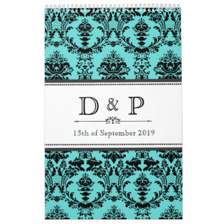 Aqua Damask Monogram Hochzeitsschild Foto-Gästebuc Kalender