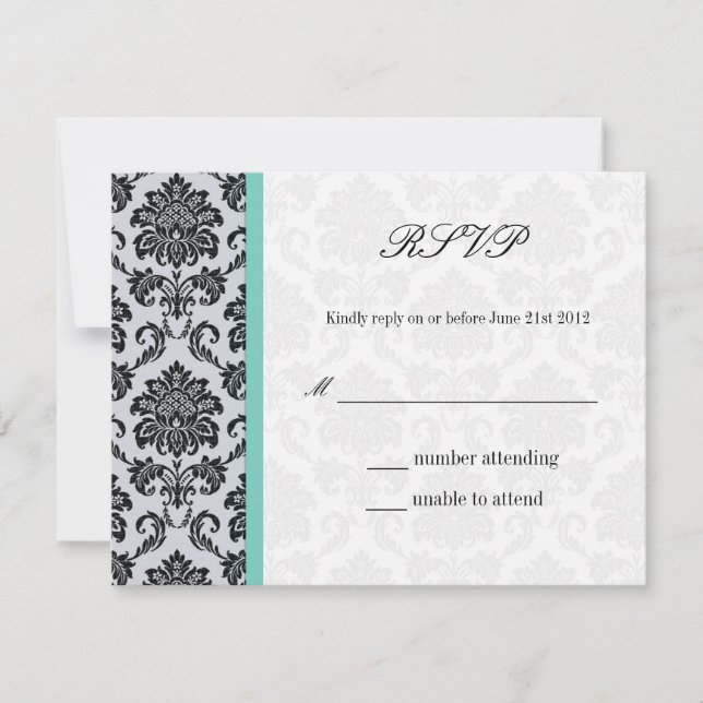 Aqua Damask Monogram Wedding RSVP (Vorderseite)