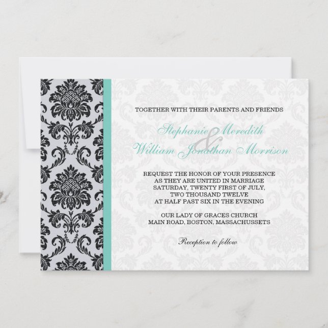 Aqua Damask Monogramme Faire-part de mariage (Devant)