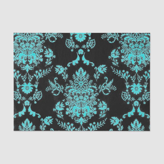 Aqua Damask on Black Chic Design Seidenpapier (Vorderseite)