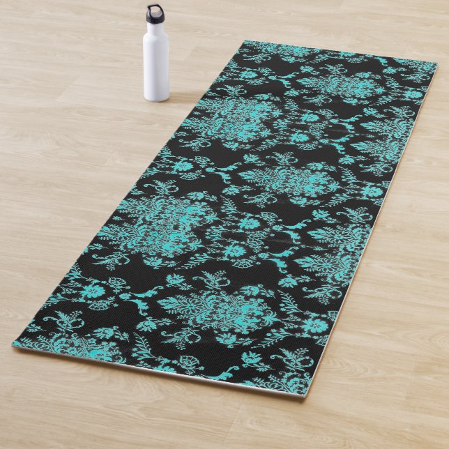 Aqua Damask on Black Chic Design Yogamatte (Beispiel)