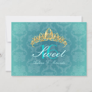 Aqua Damask Sweet 16/ invitations tiara/turquoise