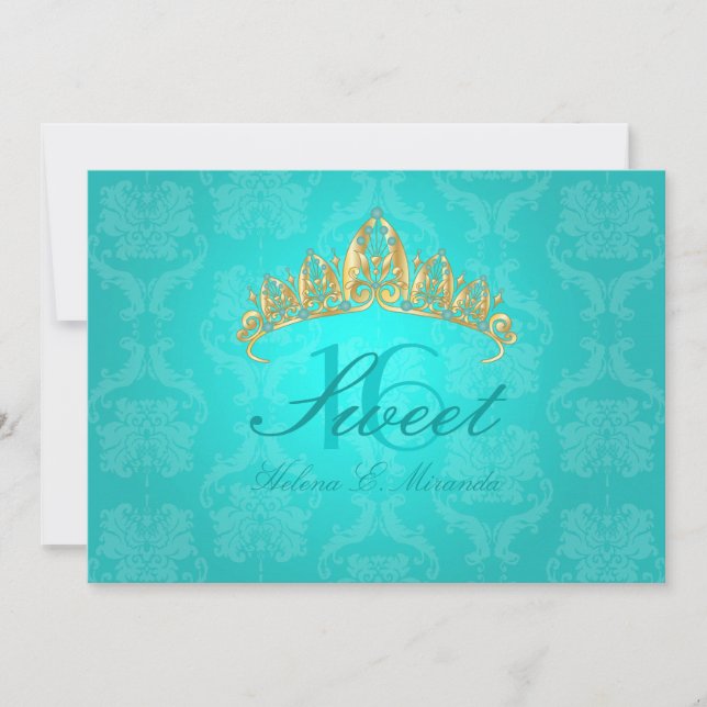 Aqua Damask Sweet 16/ invitations tiara/turquoise (Devant)