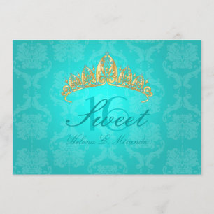 Aqua Damask Sweet 16/ invitations tiara/turquoise