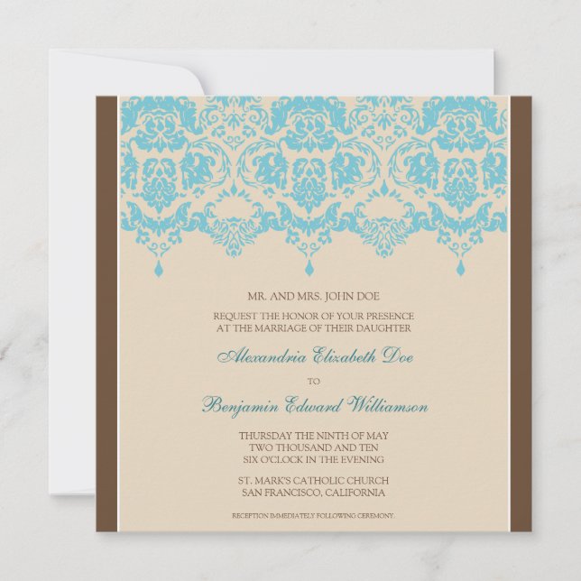 Aqua Darling Damask Lace Carré Faire-part de maria (Devant)