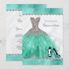 Aqua Diamond Sparkle Glitzer Quinceañera Einladung
