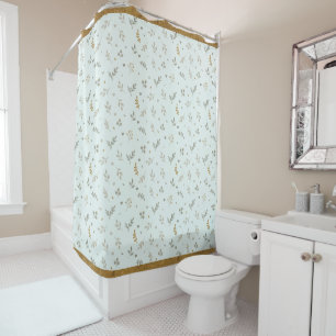 Aqua Ditsy Blumendusche Vorhang Antique Gold Trim