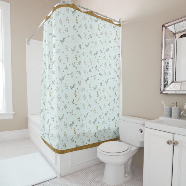 Aqua Ditsy Blumendusche Vorhang Antique Gold Trim (Beispiel)