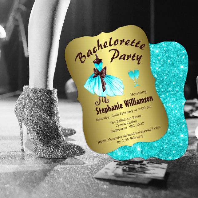 Aqua Dress on Gold Junggeselinnen-Abschied Einladung (Von Creator hochgeladen)