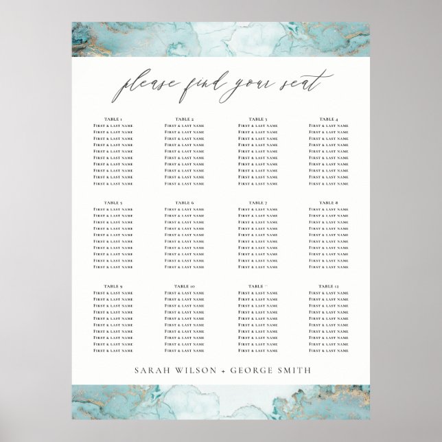AQUA DUSKY BLAUE GOLD AGATE WEDING SITZPLATTE POSTER (Vorne)