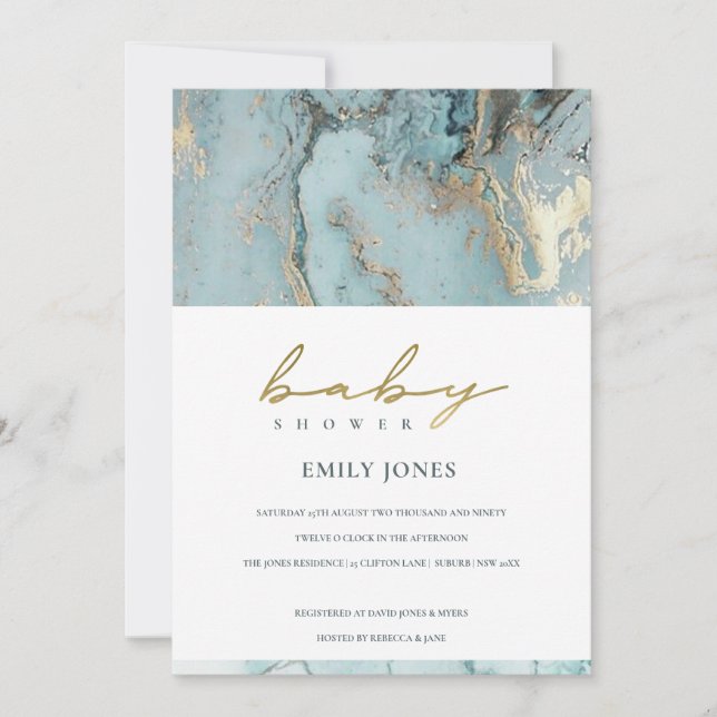 AQUA DUSKY BLUE GOLD AGATE INVITATION BABY SHOWER (Devant)