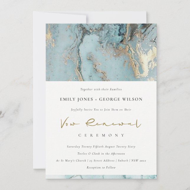 AQUA DUSKY BLUE GOLD AGATE VOW RENEWITE INVITE DANKESKARTE (Vorderseite)