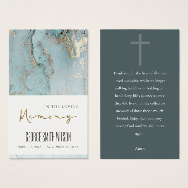 AQUA DUSKY BLUE GOLD BEILEID MEMORIY PRAYER CARD (Vorne & Hinten)