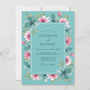 Aqua Dusty Pink Pfingstrosen-Hochzeit Einladung