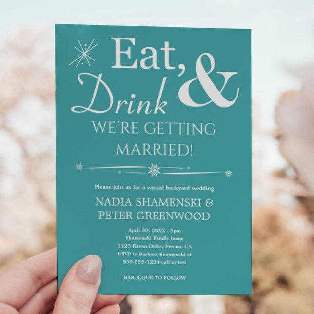Aqua Eat Drink Erlangung Hochzeit im Hinterhof Einladung (Von Creator hochgeladen)