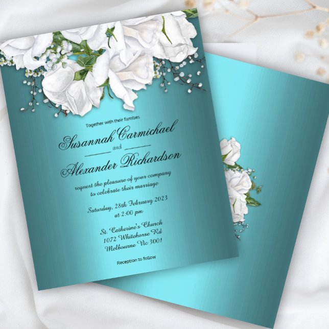 Aqua Elegance, White Roses Budget Hochzeit einlade Flyer (Von Creator hochgeladen)