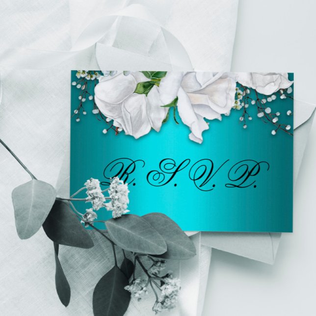 Aqua Elegant Blanc Floral Mariage RSVP (Créateur téléchargé)