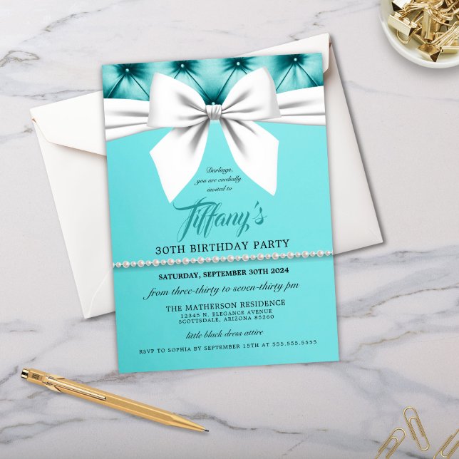 Aqua Elegant Chic Tiffany Invitation Anniversaire (elegant aqua blue girly chic birthday party invitation for bougie fancy 30th, sweet 16 or any event)