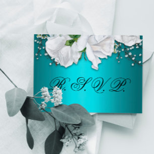 Aqua Elegant White Floral Wedding RSVP Karte