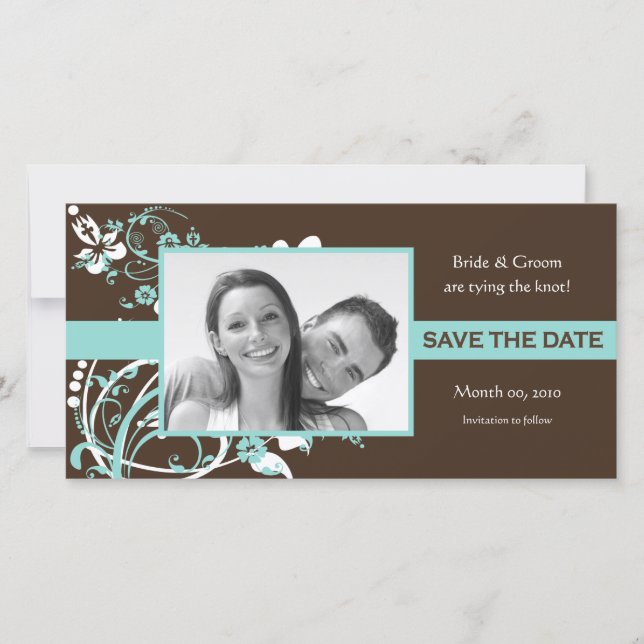 Aqua et Brown Floral Économisez la date Cartes pho (Devant)