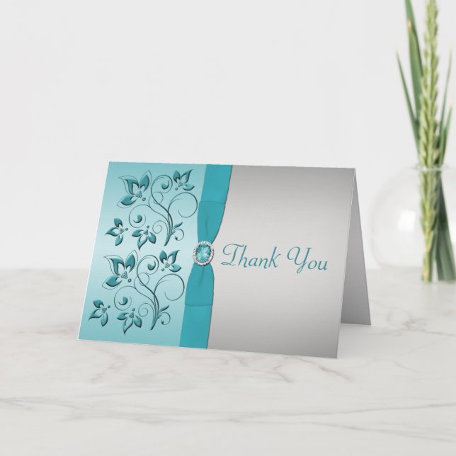 Aqua et Carte de remerciements Floral Argent (Devant)