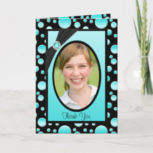 Aqua et Polka Noir Carte de remerciements avec pho