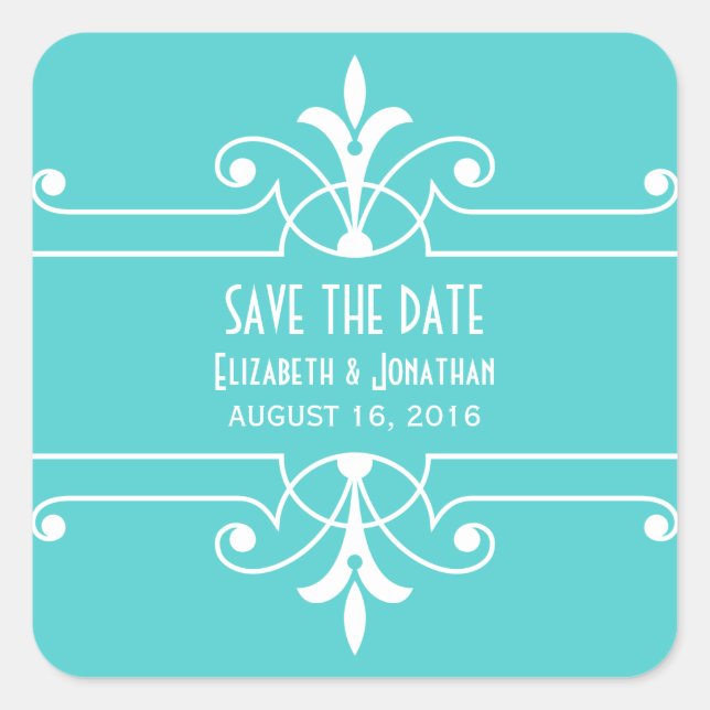 Aqua Extravagant Ornamental Save the Date Stickers (Vorderseite)