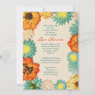 Aqua Fleurs Baptême Christening Invitation Personn
